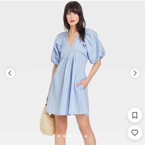 Blue and white puff sleeve dress